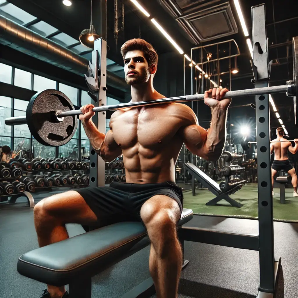 DALL·E 2025 03 27 13.52.46 A high intensity gym scene featuring a muscular male athlete performing a heavy bench press with a barbell. The gym is well lit with a motivational at