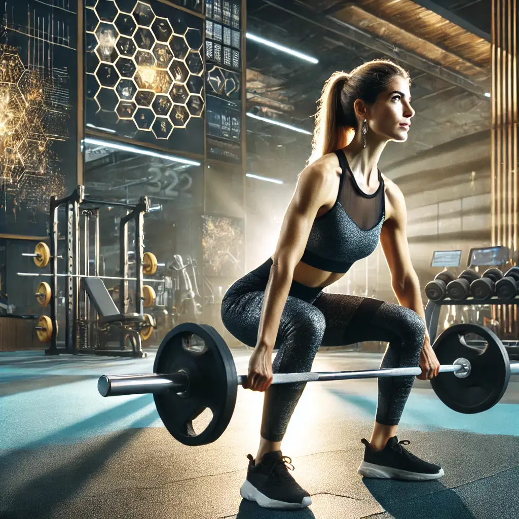 DALL·E 2025 03 27 14.03.15 A fitness scene in a gym showing a woman in an advanced workout routine. She is performing a barbell hip thrust with a focused expression, showcasing